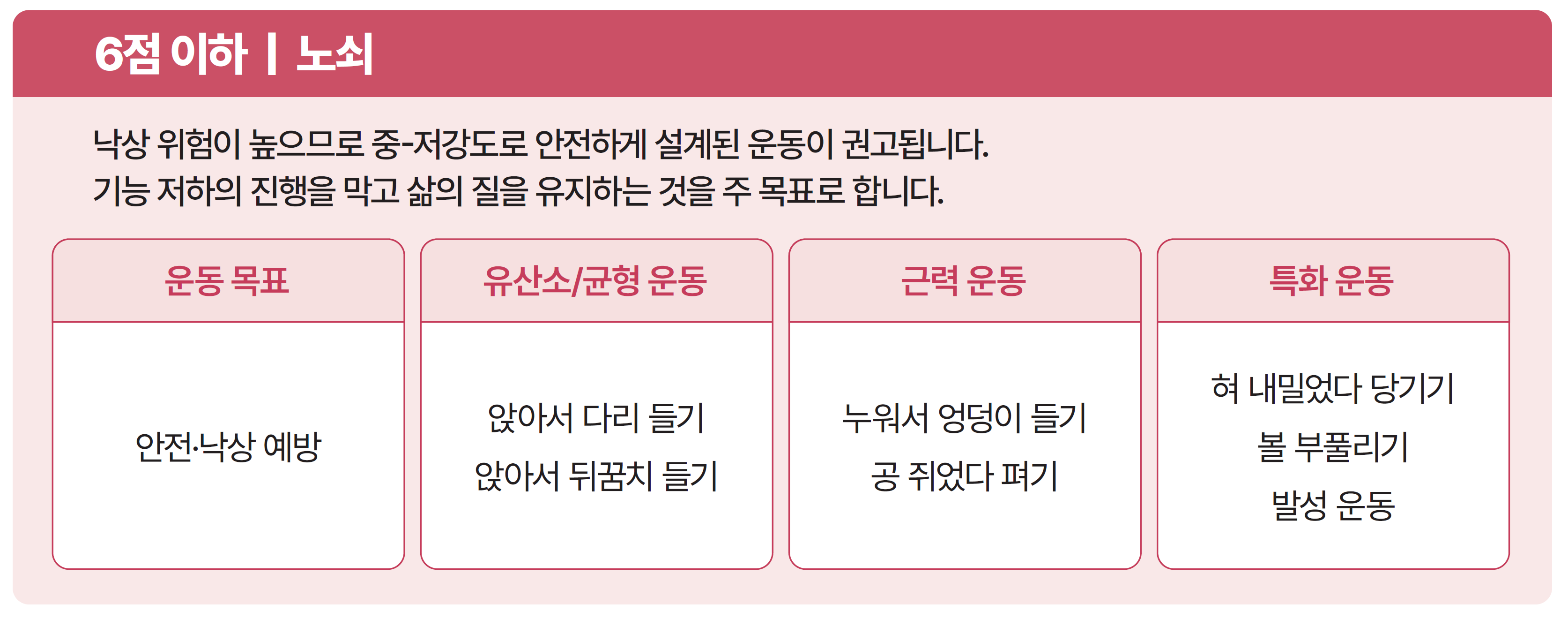 SPPB 6점 이하 대상자의 운동 개입전략 예시